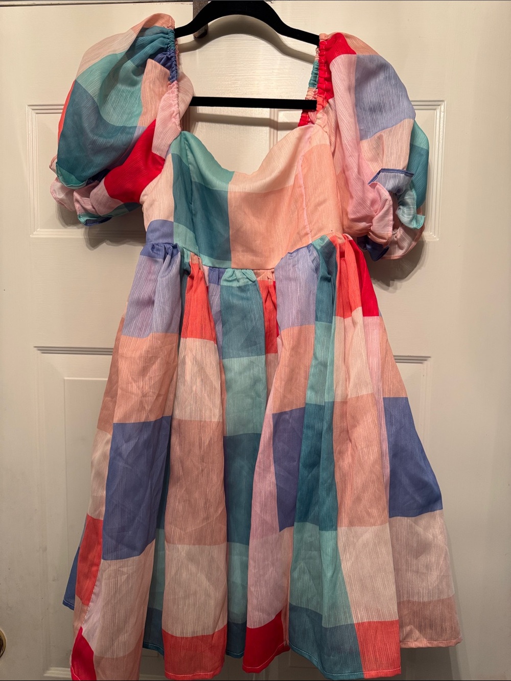 Main Strip Multi-Color Pastel Check Puff-Sleeve Casual Dress
